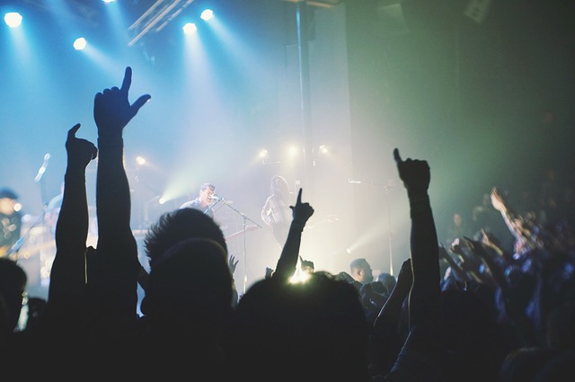 ライブ会場でステージに向かって手を挙げる観客