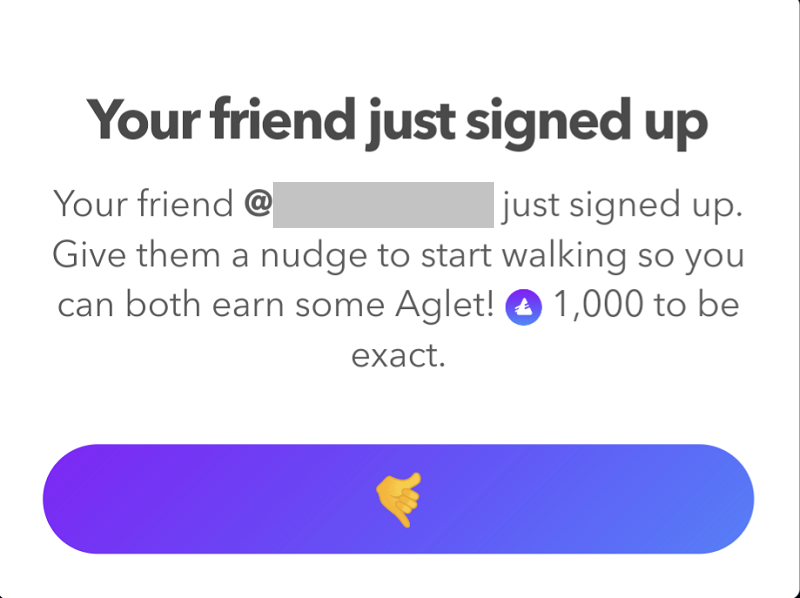 Aglet招待コードから登録があった場合のアプリ内通知画面